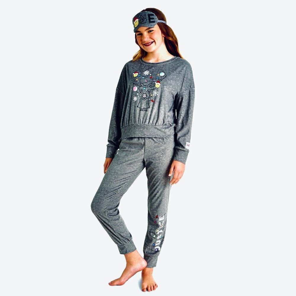 NWT Justice 3 Pcs Grey S(7-8) Long Sleeve Top, Jogger & Eyemask, Pajama Set